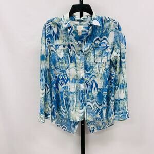 Chico's Women Button Down Blouse Shirt Size S (0) Blue Abstract Print Slit Back